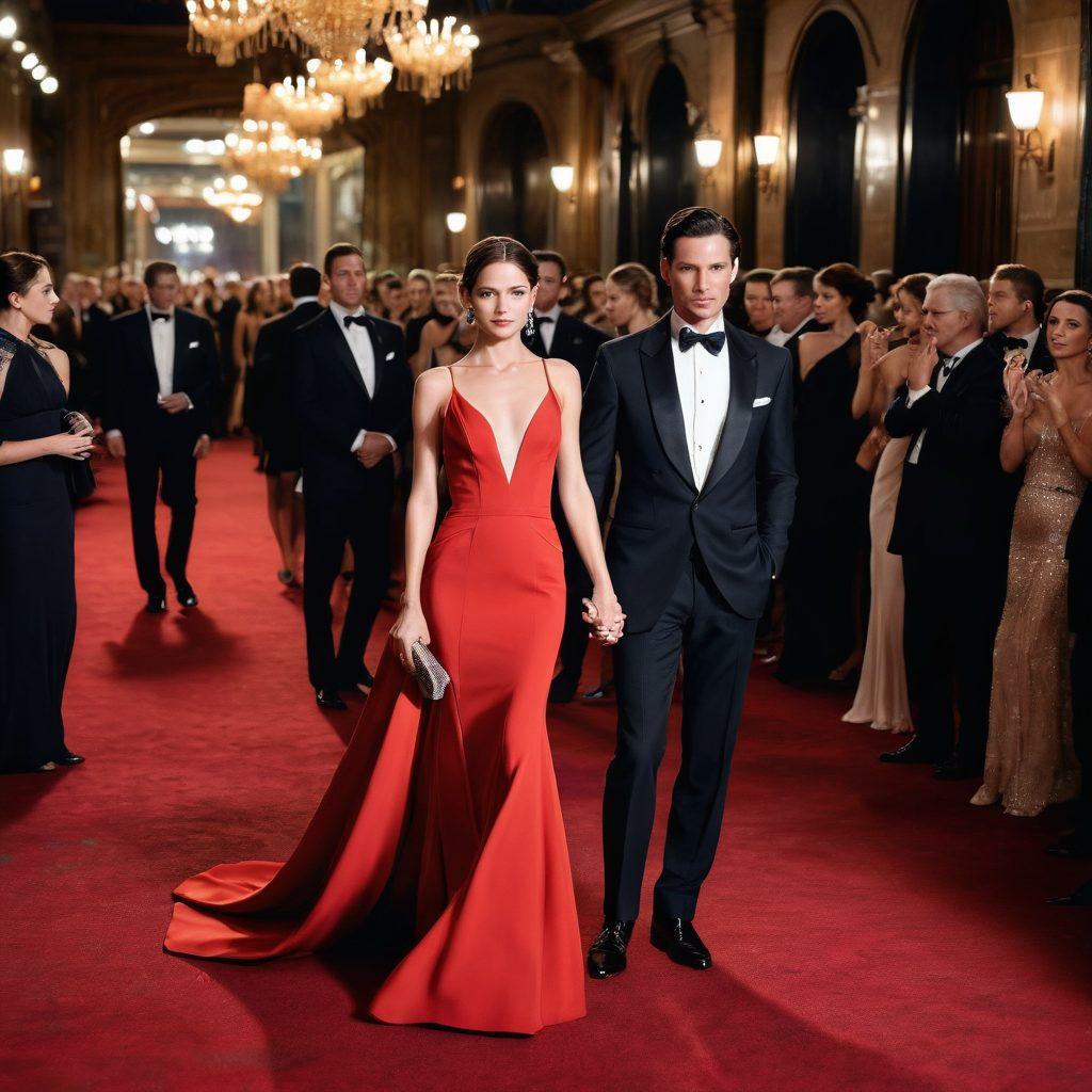 A glamorous red carpet scene featuring a couple in the spotlight, adorned in exquisite evening wear, surrounded by flashing cameras and eager fans. In the background, hints of scandal are represented by mysterious shadows and newspaper headlines. The atmosphere is filled with excitement yet tinged with drama. Use vivid colors and dramatic lighting to highlight the contrast between romance and scandal. super-realistic. vibrant colors. cinematic.