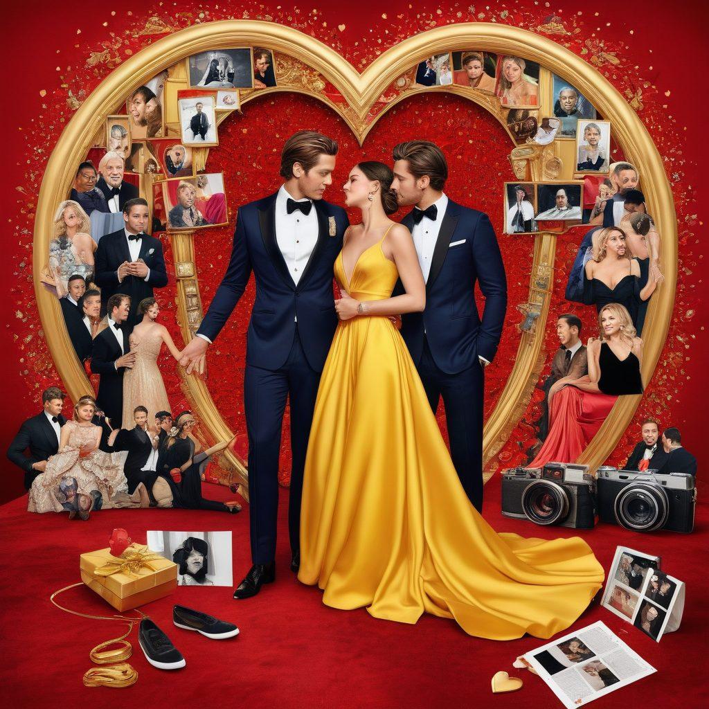 A glamorous collage of celebrity couples in emotional moments, surrounded by gossip headlines and social media icons. Include a red carpet backdrop with flashes from paparazzi cameras and golden hearts symbolizing love and drama. Highlight a mix of excitement and intrigue in their expressions. Use an artistic blend of realism and illustration. vibrant colors. super-realistic.